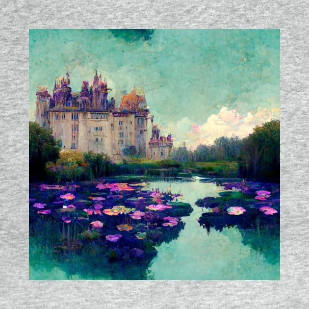 Teal Sky Castle and Waterlillie pond flower painting by joannejgg